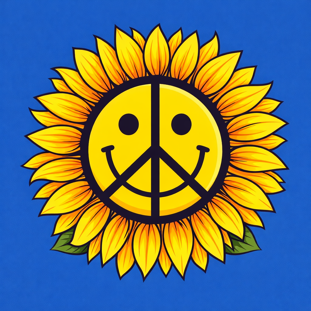 Sunflower with yellow petals and a central smiley face combined with a peace symbol on blue background